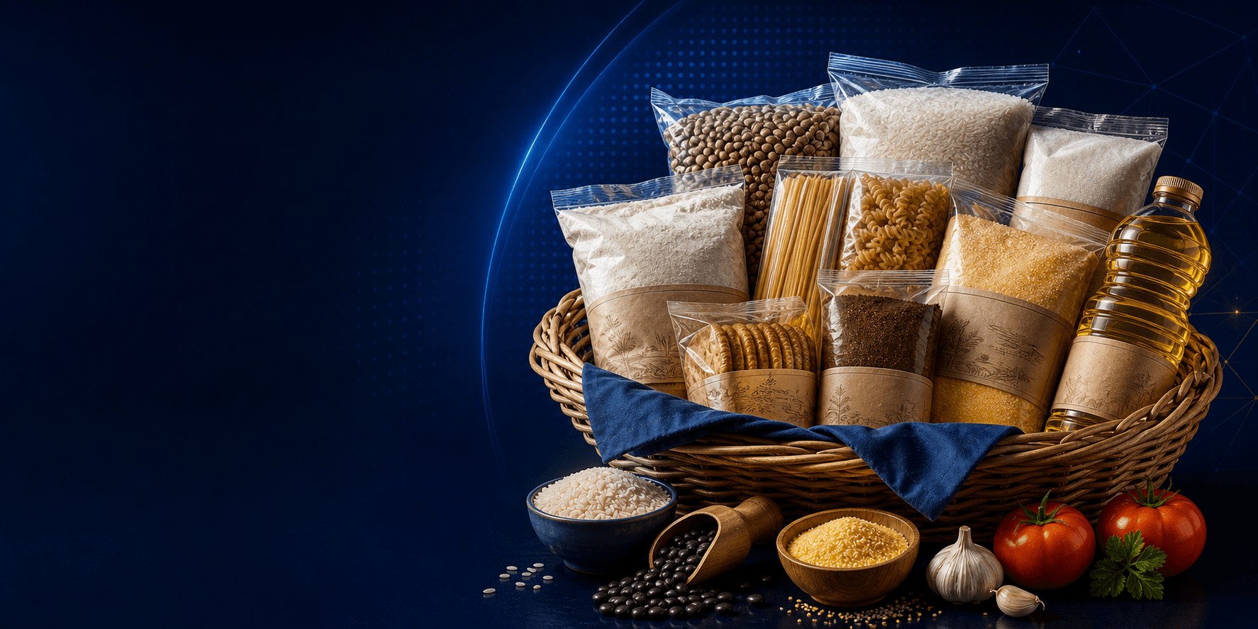 Cesta de alimentos completa com itens selecionados